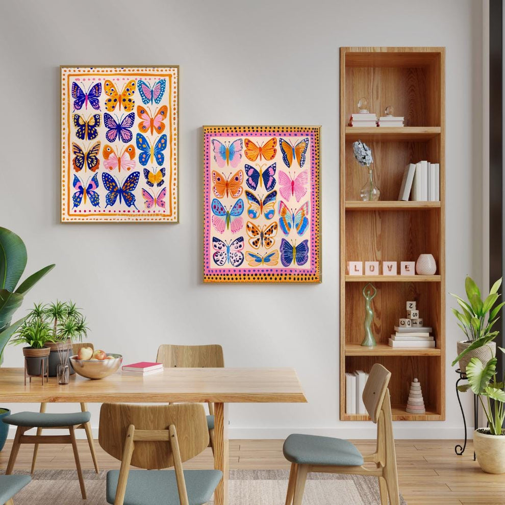 Set of 2 Colorful Butterfly Prints – Pink Orange and Blue Vibrant Butterfly Wall Art Whimsical Nature Decor Prints Maximalist Gallery Wall