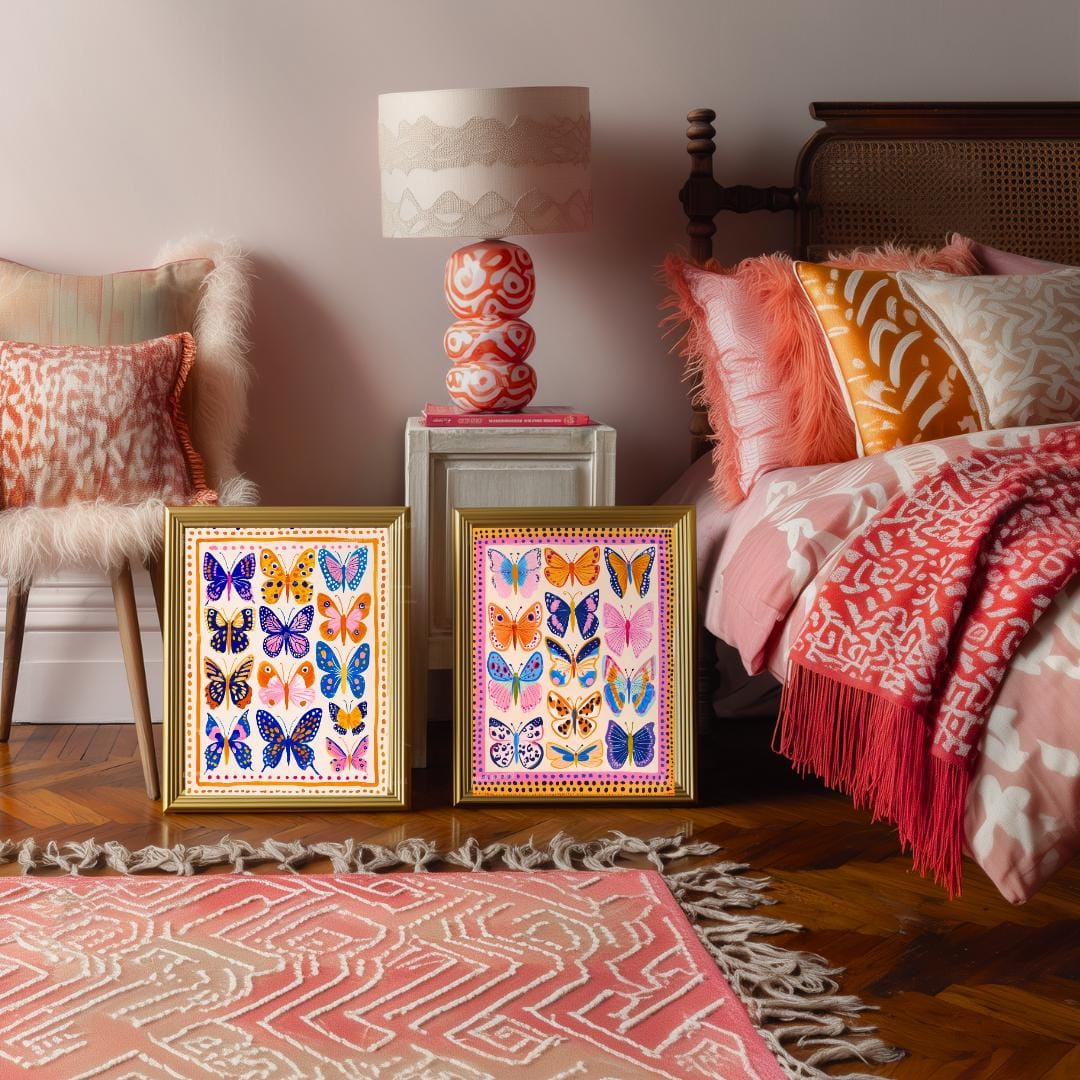 Set of 2 Colorful Butterfly Prints – Pink Orange and Blue Vibrant Butterfly Wall Art Whimsical Nature Decor Prints Maximalist Gallery Wall