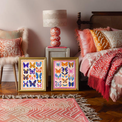 Set of 2 Colorful Butterfly Prints – Pink Orange and Blue Vibrant Butterfly Wall Art Whimsical Nature Decor Prints Maximalist Gallery Wall