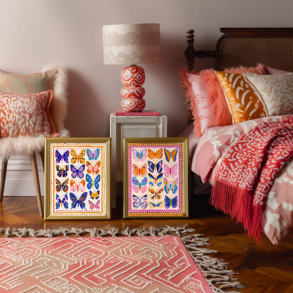 Set of 2 Colorful Butterfly Prints – Pink Orange and Blue Vibrant Butterfly Wall Art Whimsical Nature Decor Prints Maximalist Gallery Wall