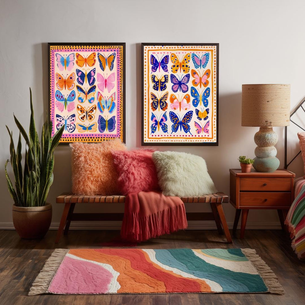 Set of 2 Colorful Butterfly Prints – Pink Orange and Blue Vibrant Butterfly Wall Art Whimsical Nature Decor Prints Maximalist Gallery Wall