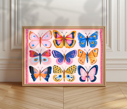 Pink Butterflies Horizontal Print – Colorful Butterfly Wall Art Nature-Inspired Decor Maximalist Gallery Wall Dopamine Decor Over Desk Art