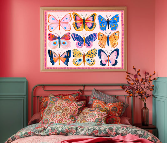 Pink Butterflies Horizontal Print – Colorful Butterfly Wall Art Nature-Inspired Decor Maximalist Gallery Wall Dopamine Decor Over Desk Art