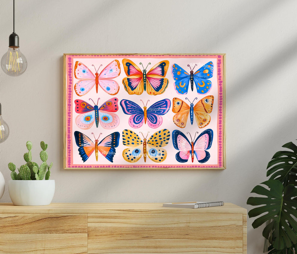 Pink Butterflies Horizontal Print – Colorful Butterfly Wall Art Nature-Inspired Decor Maximalist Gallery Wall Dopamine Decor Over Desk Art