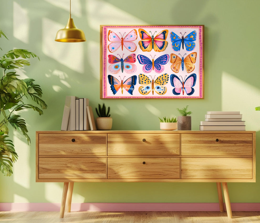 Pink Butterflies Horizontal Print – Colorful Butterfly Wall Art Nature-Inspired Decor Maximalist Gallery Wall Dopamine Decor Over Desk Art