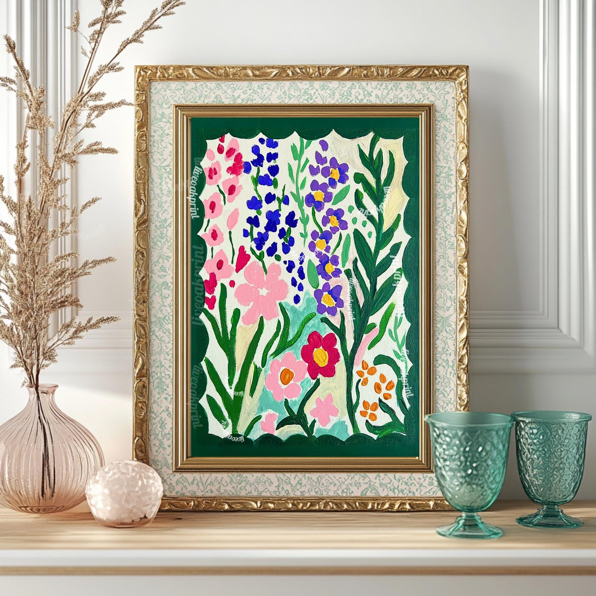 Green Dopamine Flowers Wall Art - Funky Green and Pink Wall Art - Floral Painting