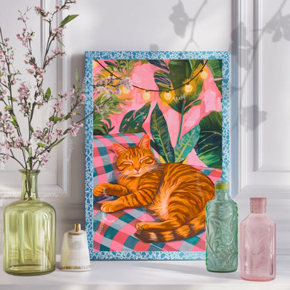 Cozy Orange Cat Print – Boho Cat Wall Art – Gingham Bedroom Decor – Brown Cat Print – Pink and Green Cat Poster – Cute Animal Wall Art