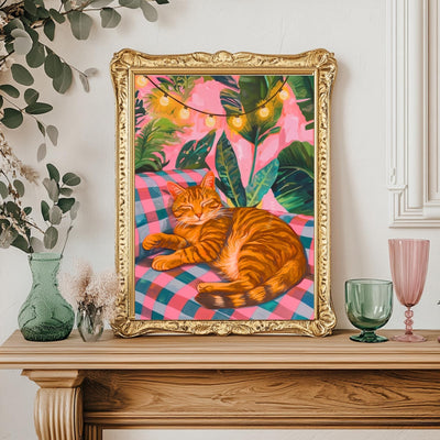 Cozy Orange Cat Print – Boho Cat Wall Art – Gingham Bedroom Decor – Brown Cat Print – Pink and Green Cat Poster – Cute Animal Wall Art