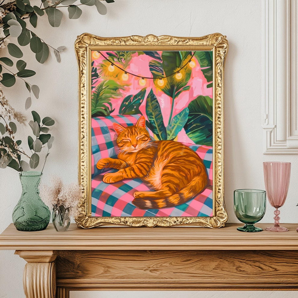 Cozy Orange Cat Print – Boho Cat Wall Art – Gingham Bedroom Decor – Brown Cat Print – Pink and Green Cat Poster – Cute Animal Wall Art