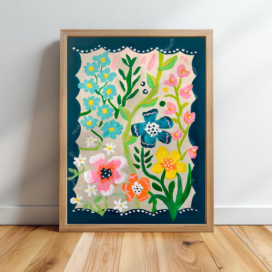Midnight Green Garden Print - Teal Blue Floral Wall Art