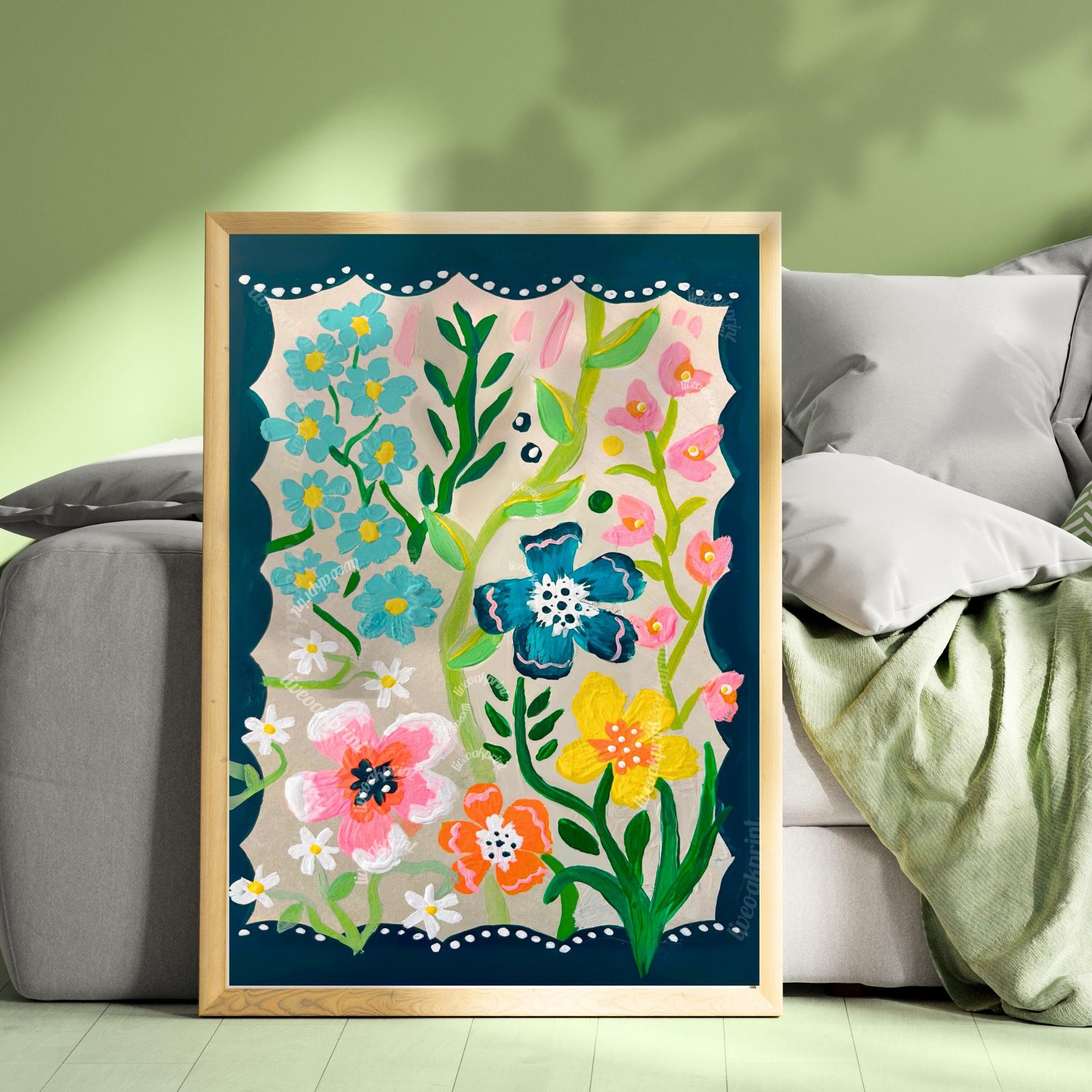 Midnight Green Garden Print - Teal Blue Floral Wall Art