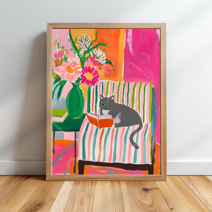 Gray and White Cat Reading Print – White Belly and Paws and All-Gray Face Version