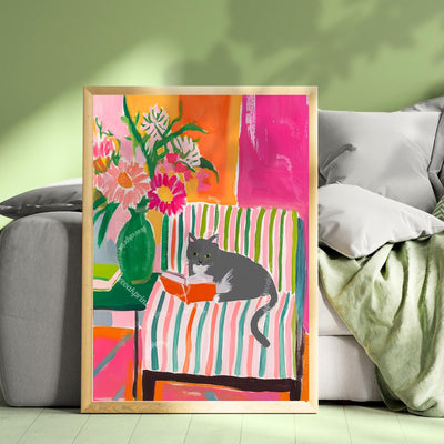 Gray and White Cat Reading Print – White Belly and Paws and All-Gray Face Version