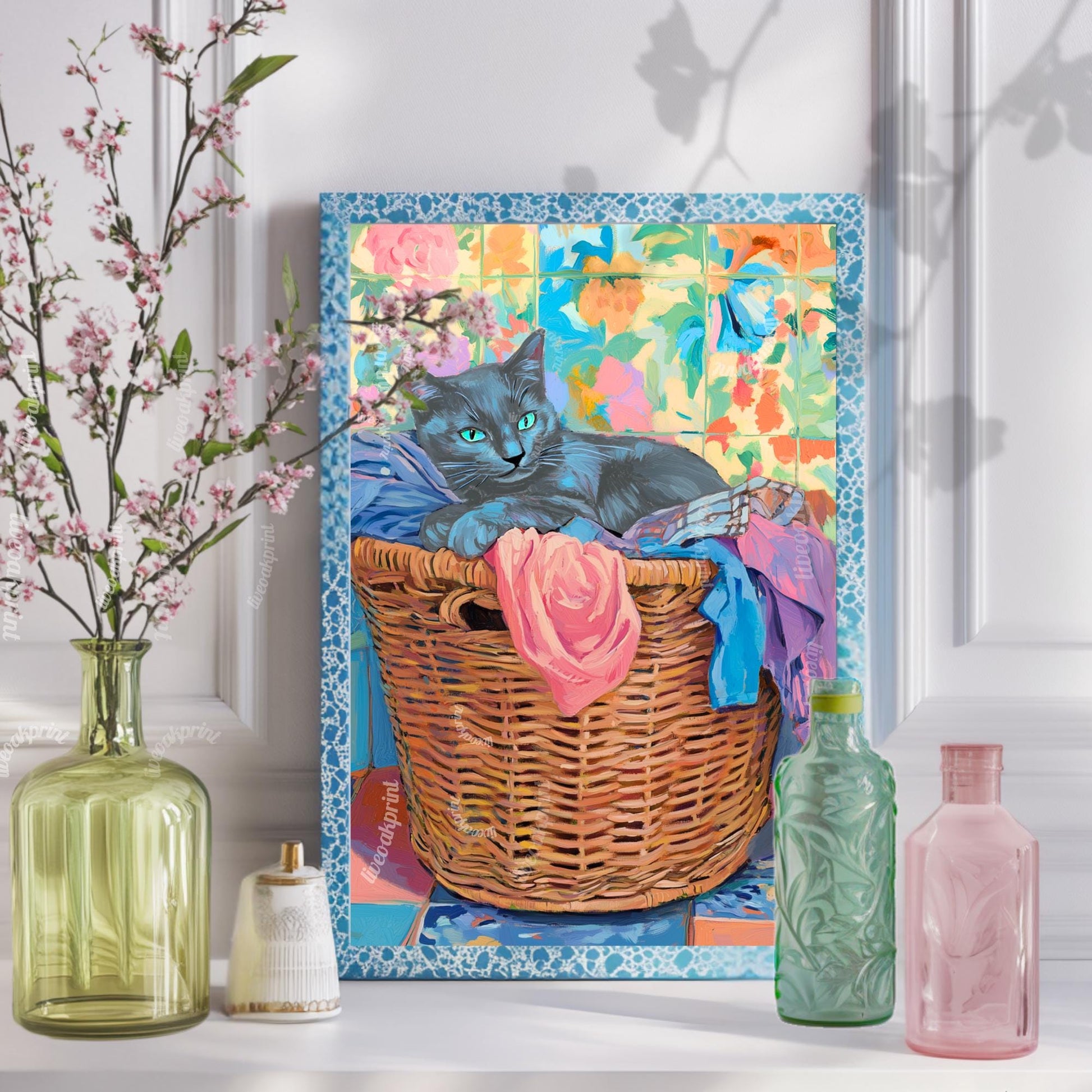 Russian Blue Cat Laundry Print - Gray Cat In Laundry