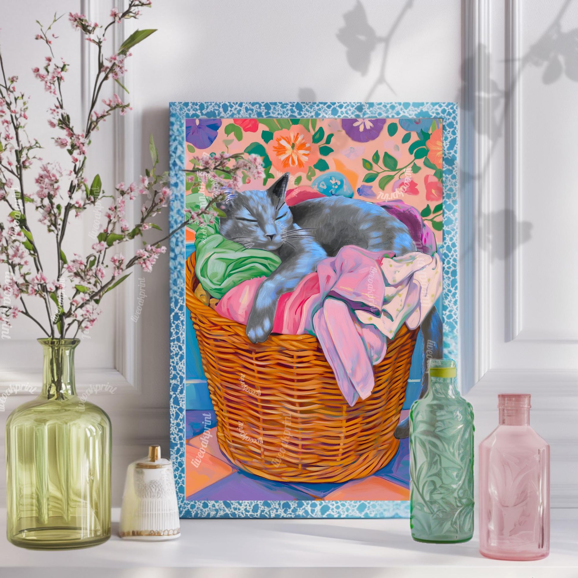Sleeping Russian Blue Cat in Laundry Basket Print - Gray Cat In Laundry