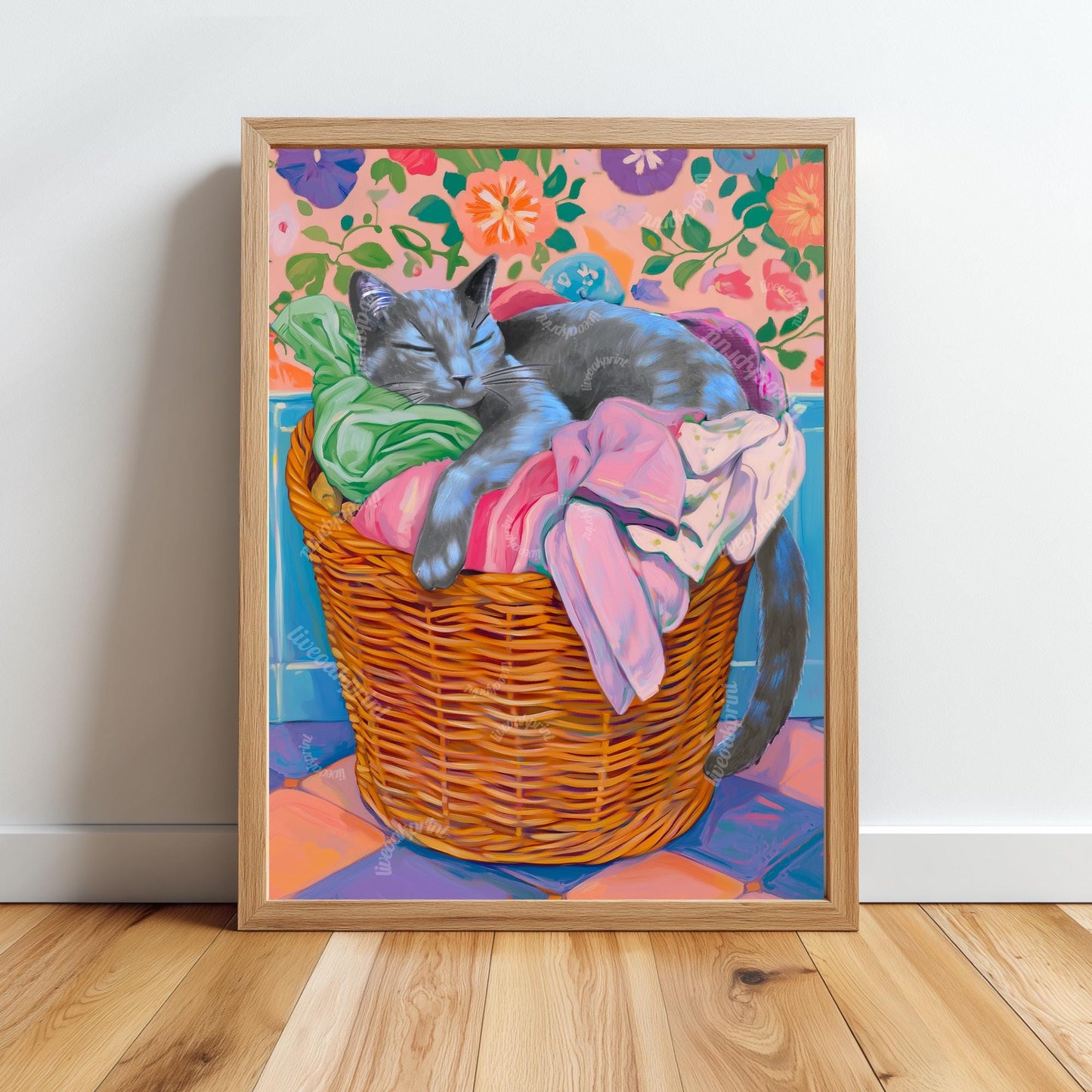 Sleeping Russian Blue Cat in Laundry Basket Print - Gray Cat In Laundry