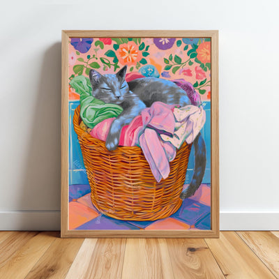 Sleeping Russian Blue Cat in Laundry Basket Print