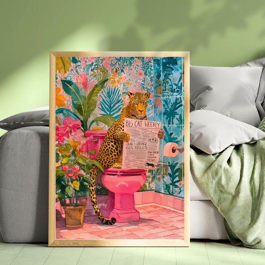 Leopard On A Toilet Wall Art - Colorful Toilet Room Decor Funny Bathroom Print Colorful Toilet Room Decor Quirky Animal Poster Eclectic Art