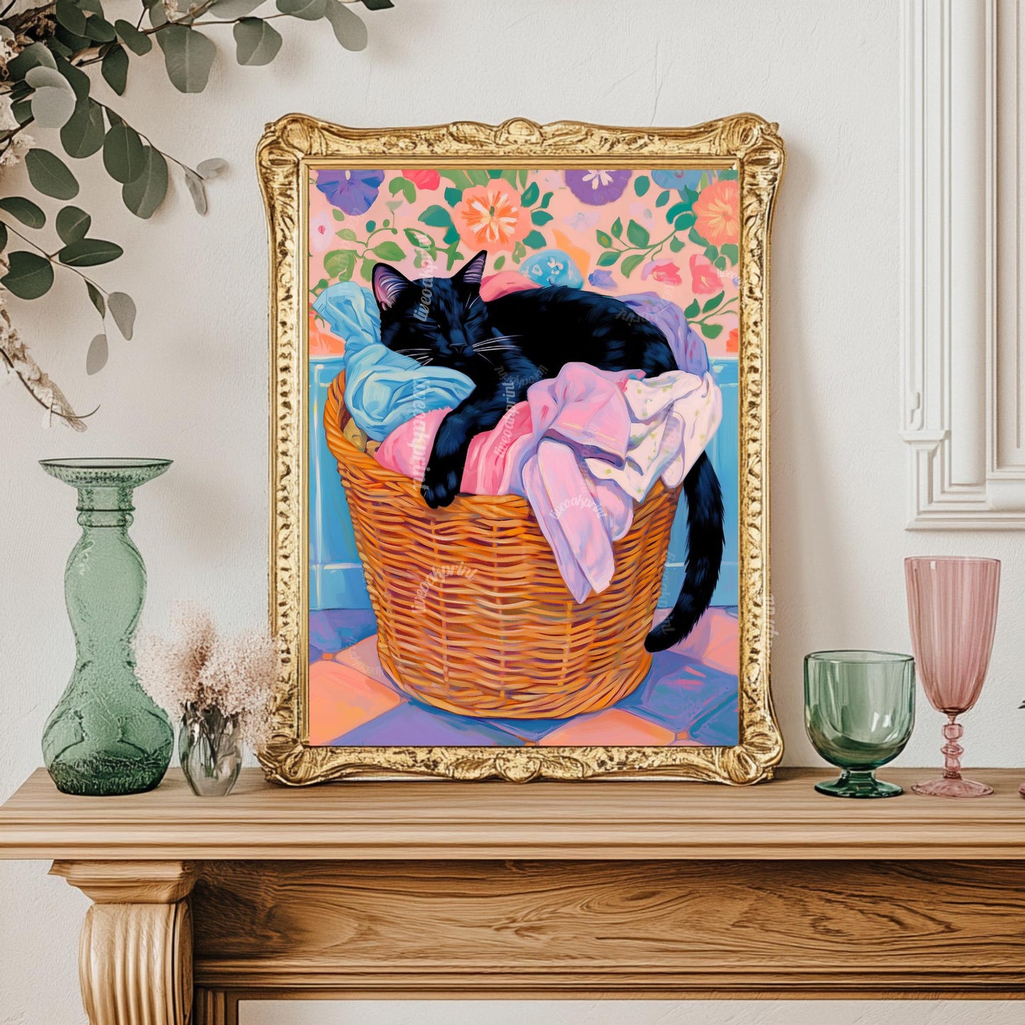 Black Cat Sleeping In A Laundry Basket - Laundry Room Art Print