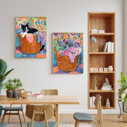 Tuxedo Cat In A Laundry Basket Wall Art - Laundry Room Art Print