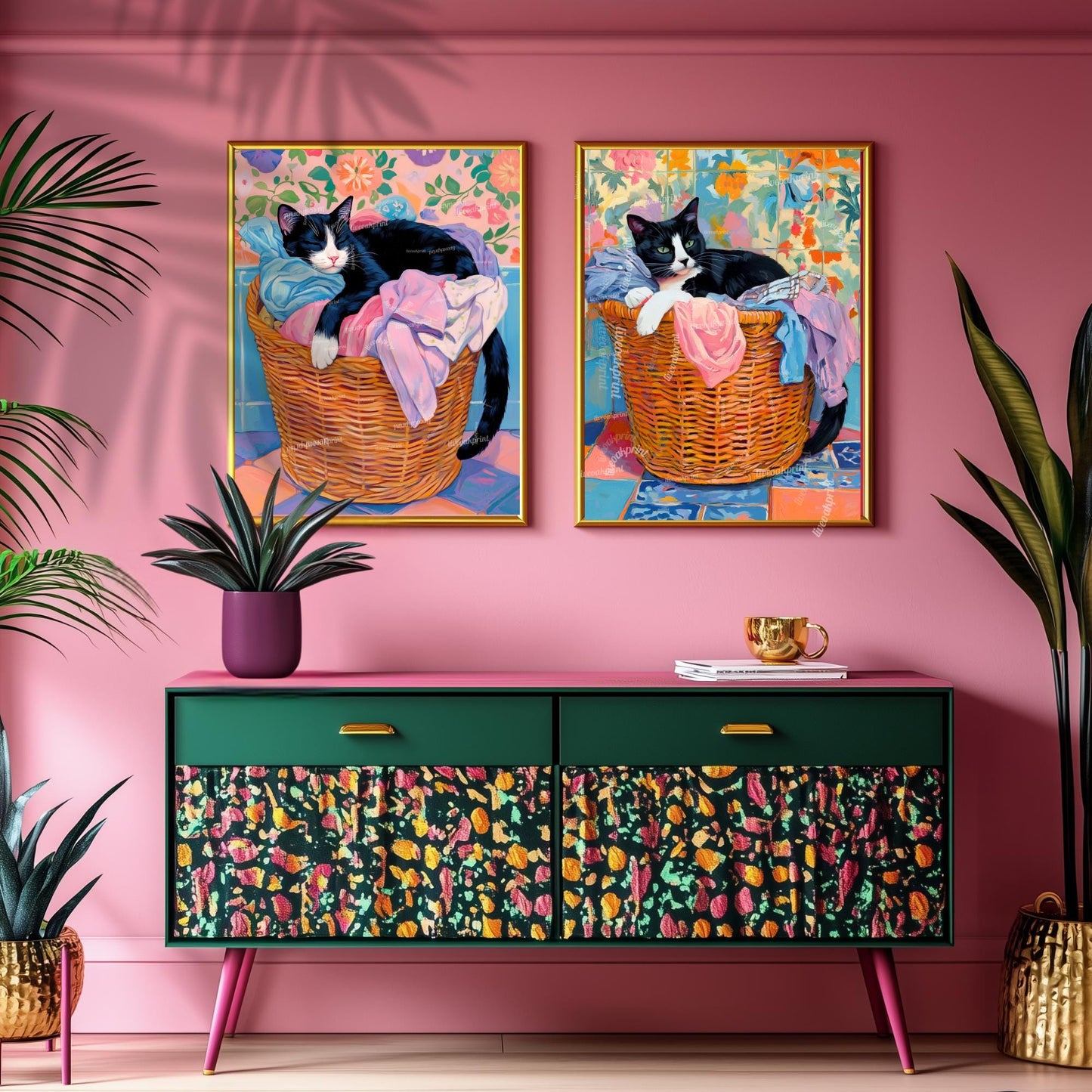 Tuxedo Cat In A Laundry Basket Wall Art - Laundry Room Art Print