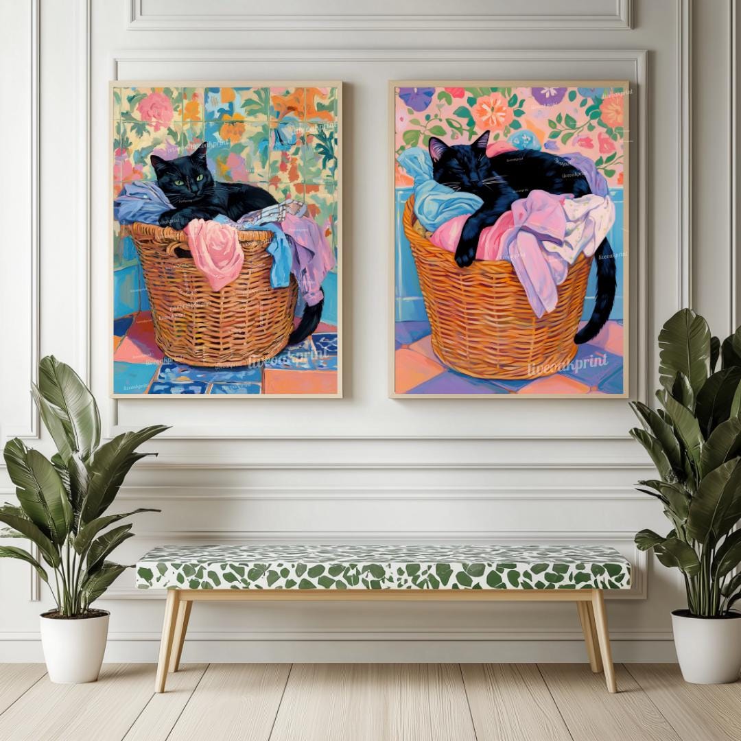 Set of Two Black Cats Wall Art - Black Cat In Laundry Bin Print