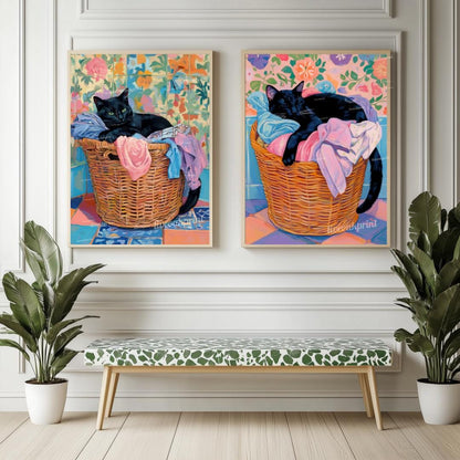 Set of Two Black Cats Wall Art - Black Cat In Laundry Bin Print