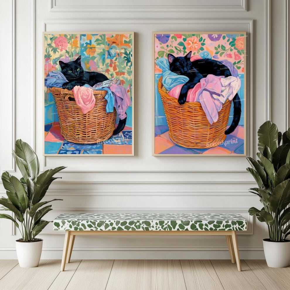 Set of Two Black Cats Wall Art - Black Cat In Laundry Bin Print
