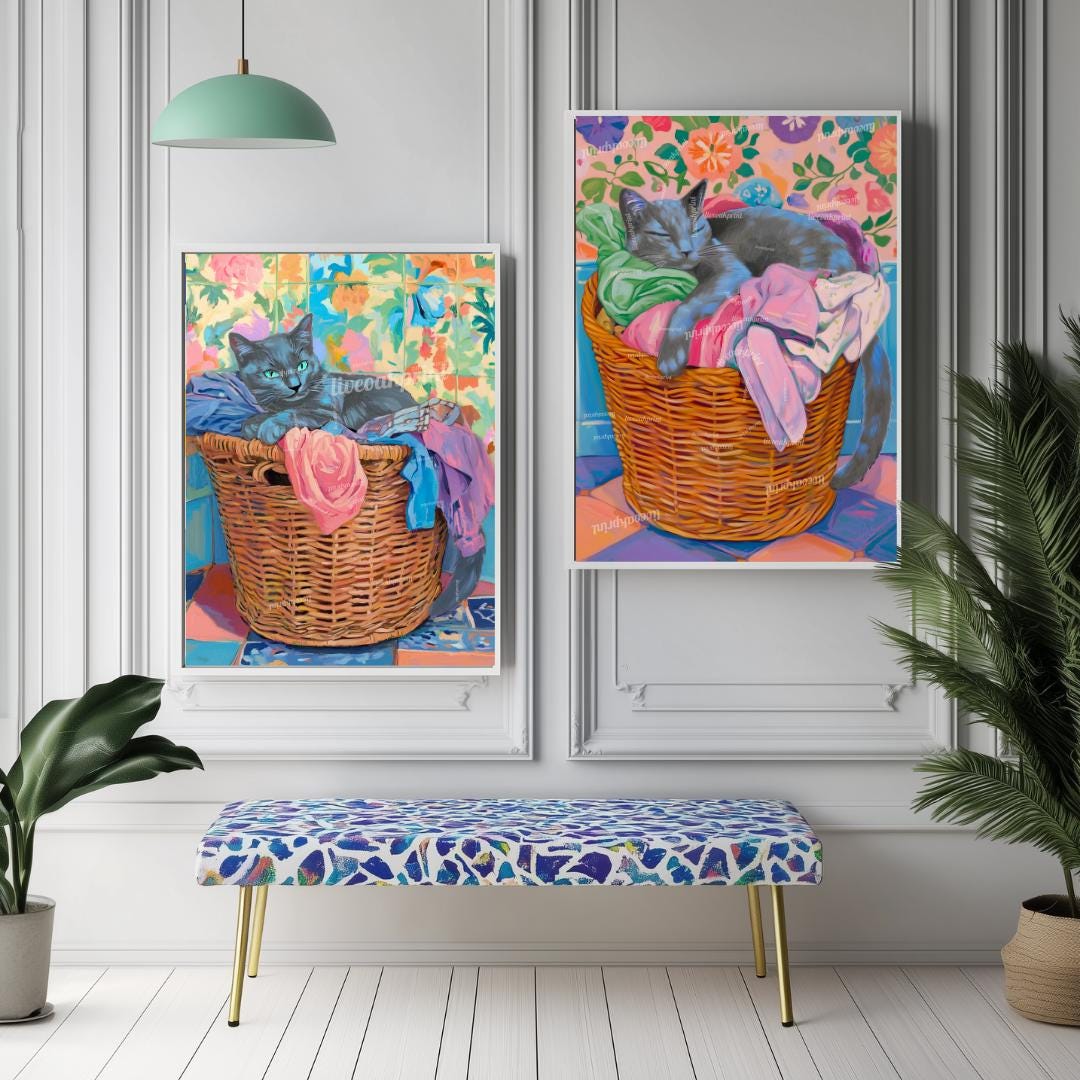Set of Two Blue Russian Cats Wall Art - Gray Cat In Laundry Bin Print