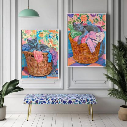 Set of Two Blue Russian Cats Wall Art - Gray Cat In Laundry Bin Print