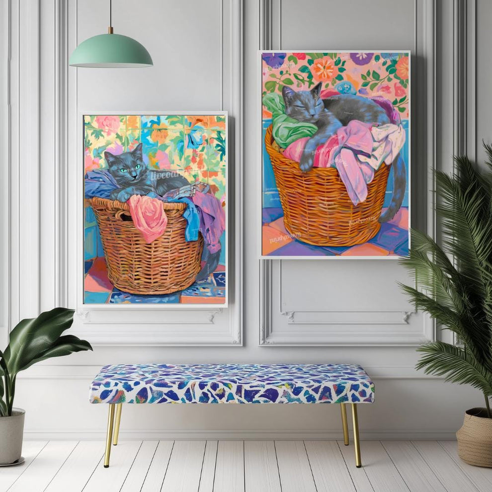 Set of Two Blue Russian Cats Wall Art - Gray Cat In Laundry Bin Print