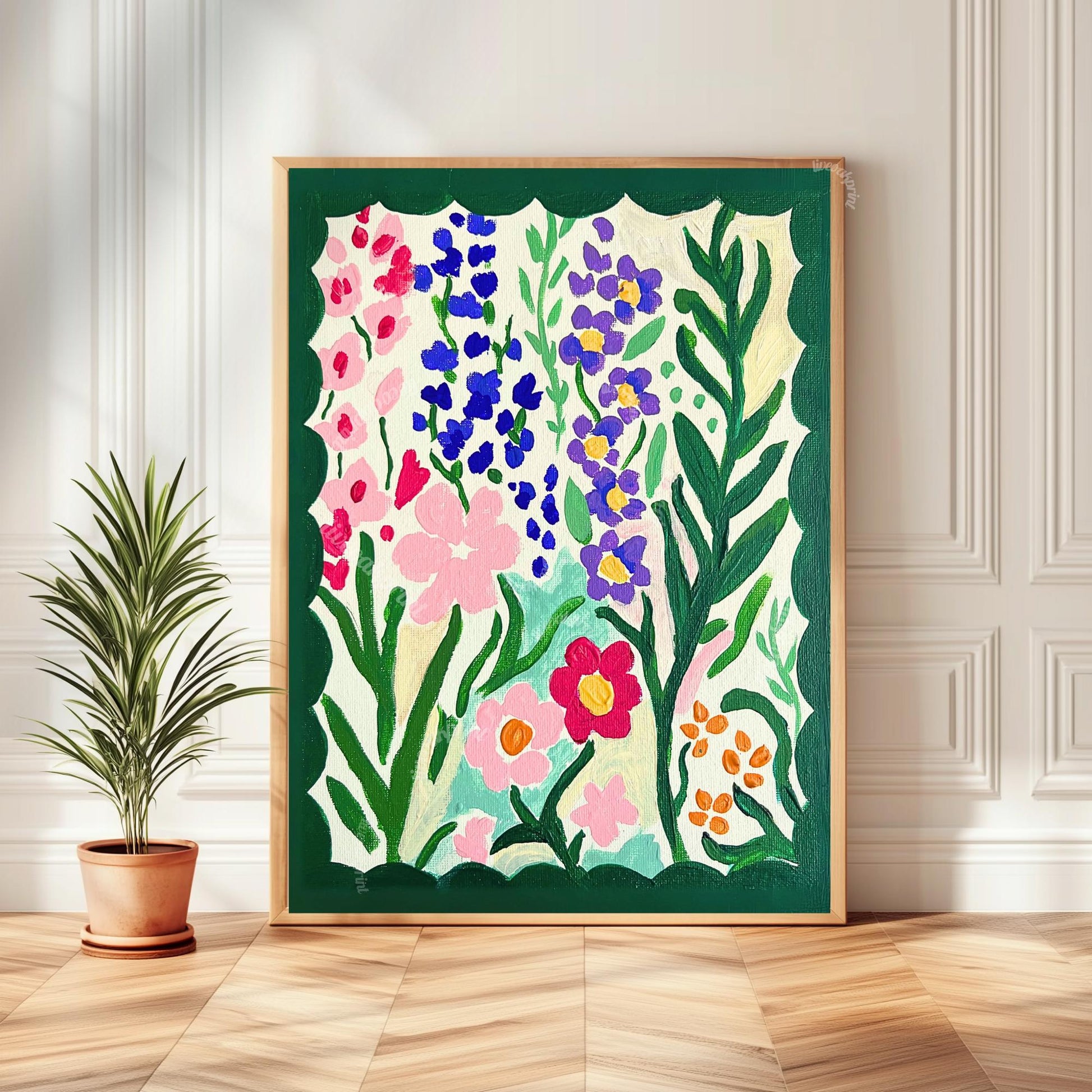Green Dopamine Flowers Wall Art - Funky Green and Pink Wall Art - Floral Painting