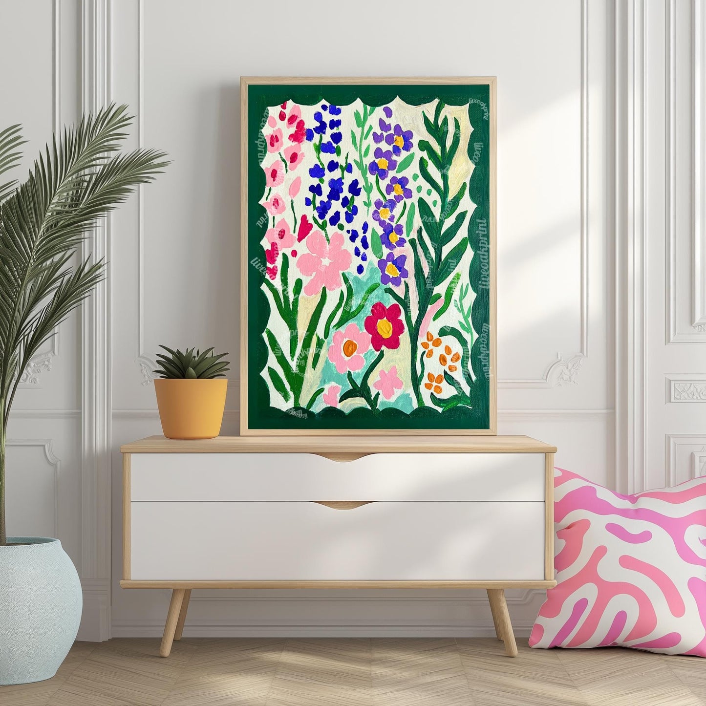 Green Dopamine Flowers Wall Art - Funky Green and Pink Wall Art - Floral Painting