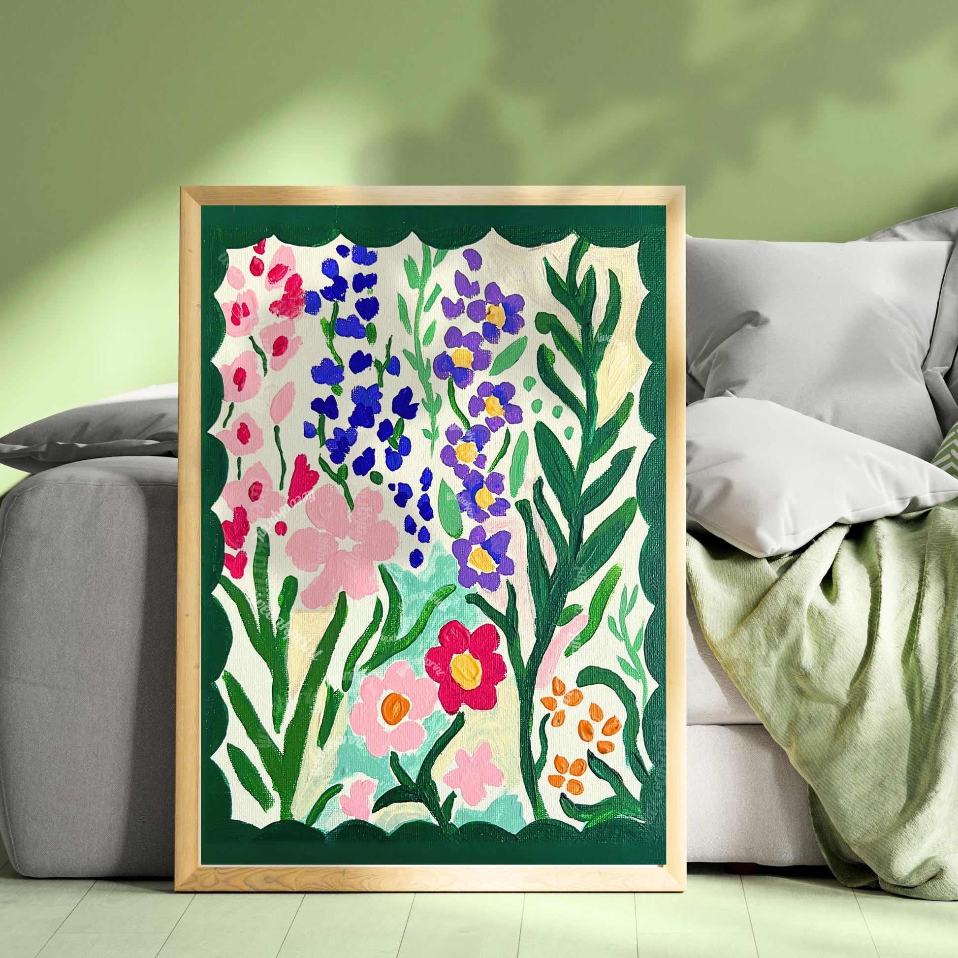 Green Dopamine Flowers Wall Art - Funky Green and Pink Wall Art - Floral Painting