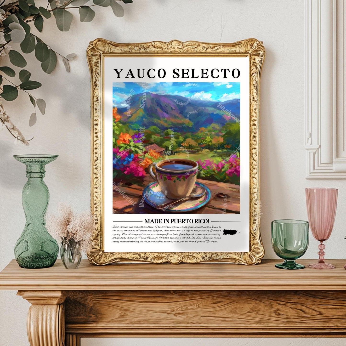 Yauco Selecto Coffee Wall Art – Puerto Rico Coffee Print – Tropical Café Decor – Puerto Rican Kitchen Art