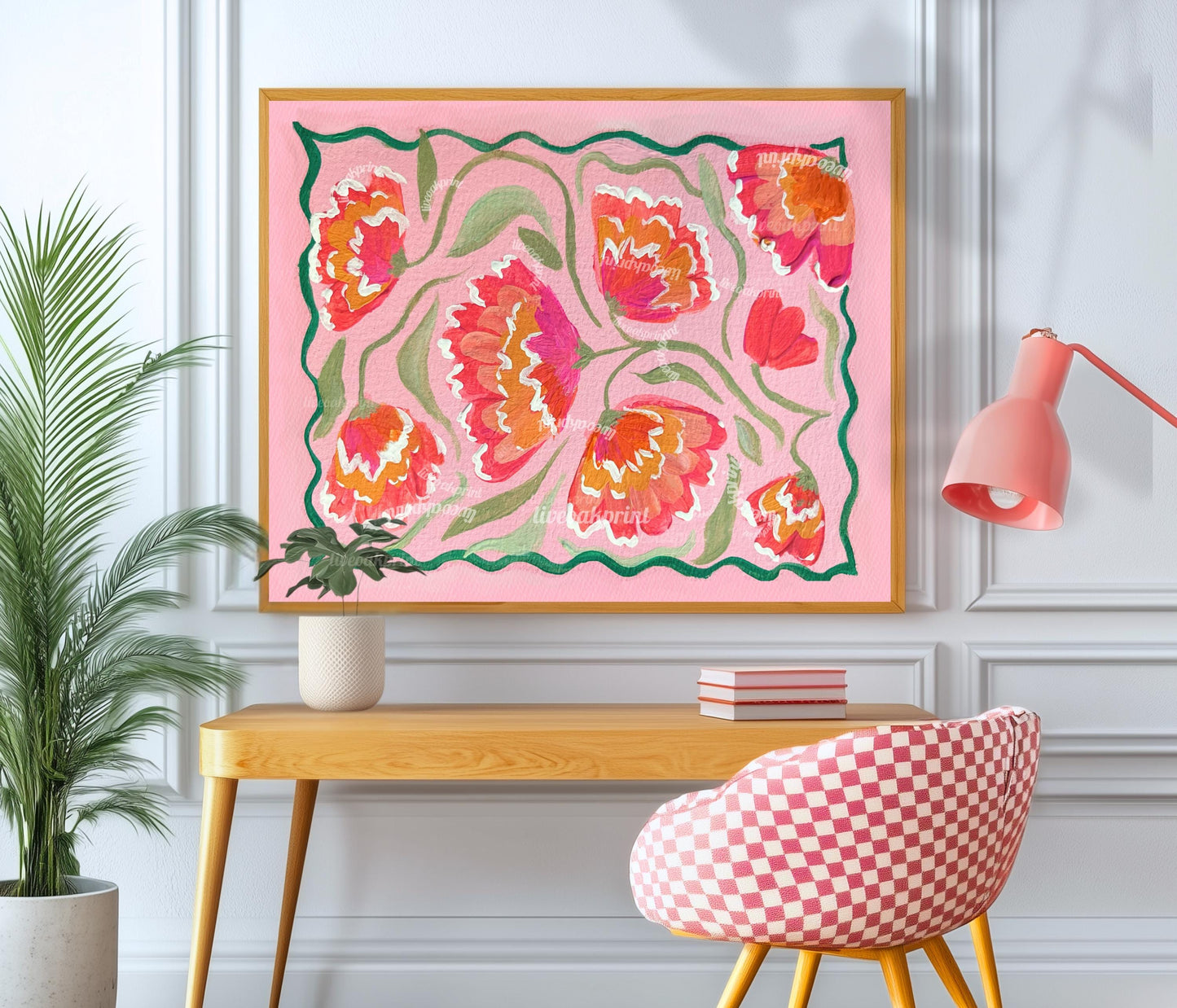 Pink Zinnias Art Print - Pink Floral Wall Art - Horizontal Wall Art for Over The Couch or Over The Bed - Pink Orange Coral Green Wall Art