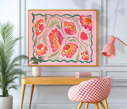 Pink Zinnias Art Print - Pink Floral Wall Art - Horizontal Wall Art for Over The Couch or Over The Bed - Pink Orange Coral Green Wall Art