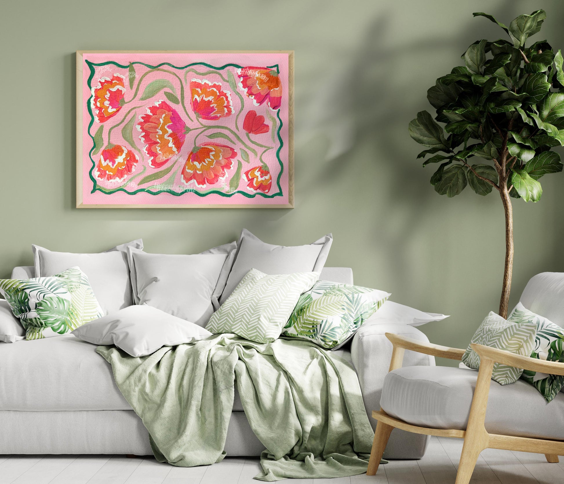Pink Zinnias Art Print - Pink Floral Wall Art - Horizontal Wall Art for Over The Couch or Over The Bed - Pink Orange Coral Green Wall Art