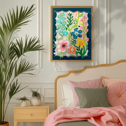 Midnight Green Garden Print - Teal Blue Floral Wall Art