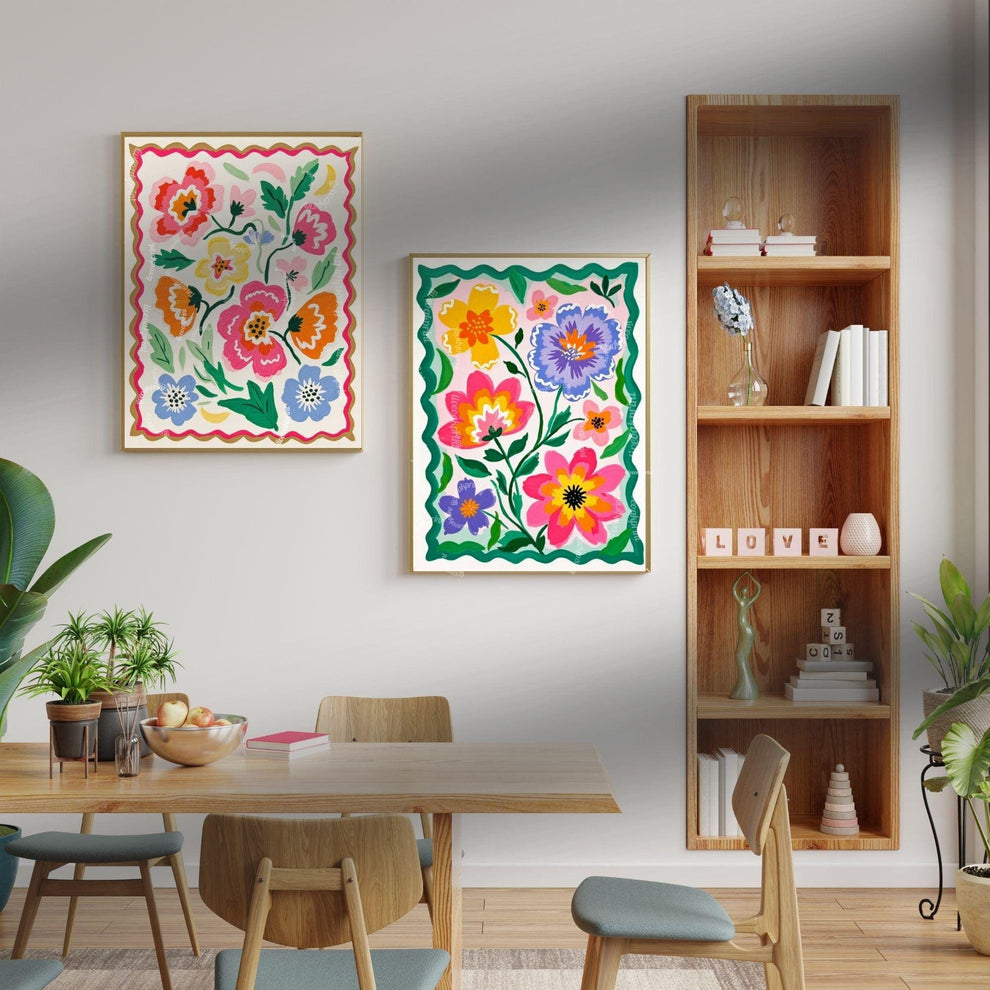 Colorful Floral Wall Art – Vibrant Pink and Green Folk Art Flower Print – Cottagecore Botanical Home Decor