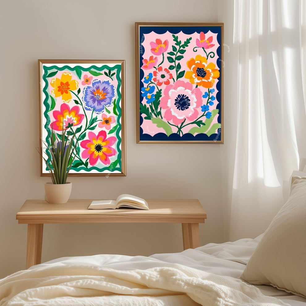 Colorful Floral Wall Art – Vibrant Pink and Green Folk Art Flower Print – Cottagecore Botanical Home Decor