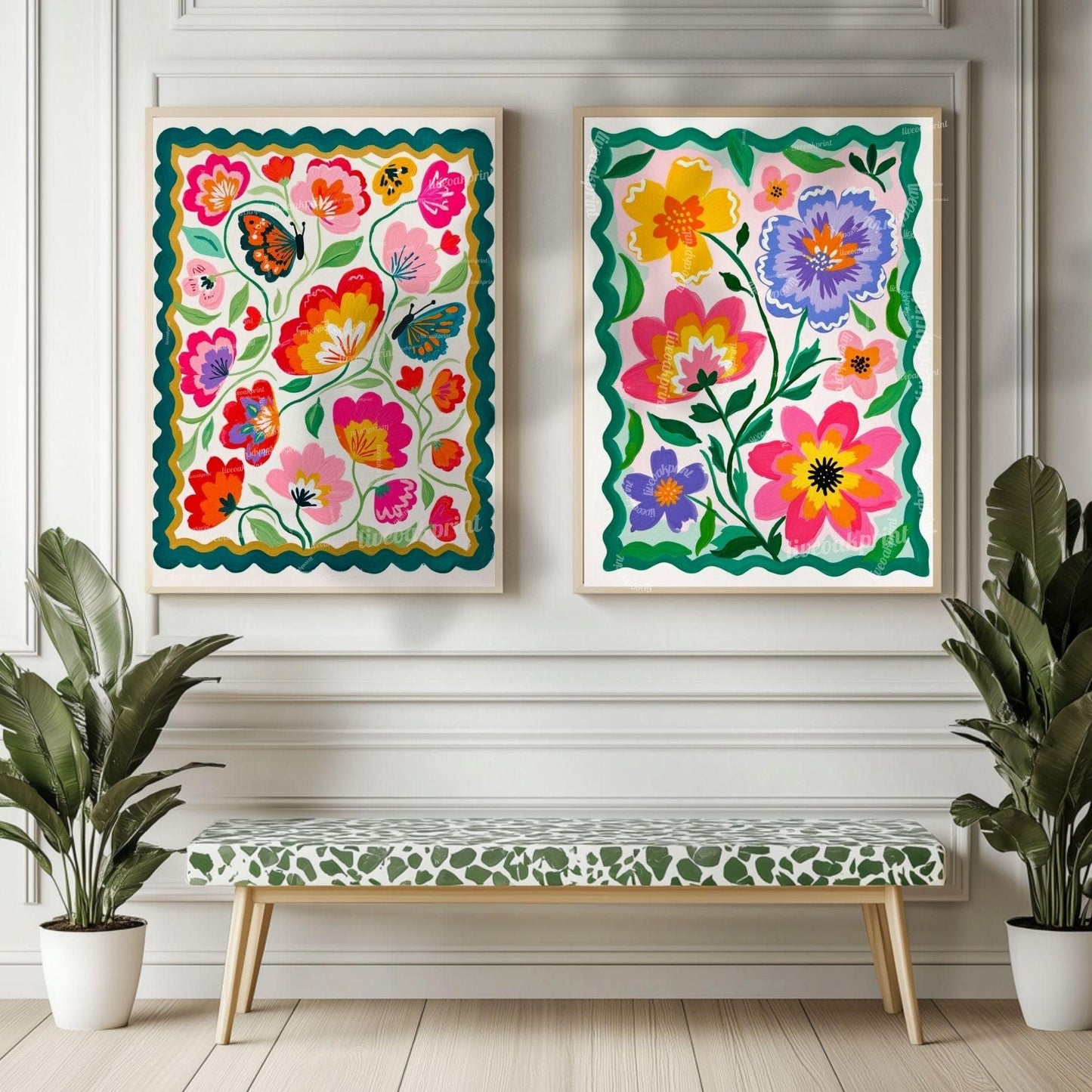 Colorful Floral Wall Art – Vibrant Pink and Green Folk Art Flower Print – Cottagecore Botanical Home Decor
