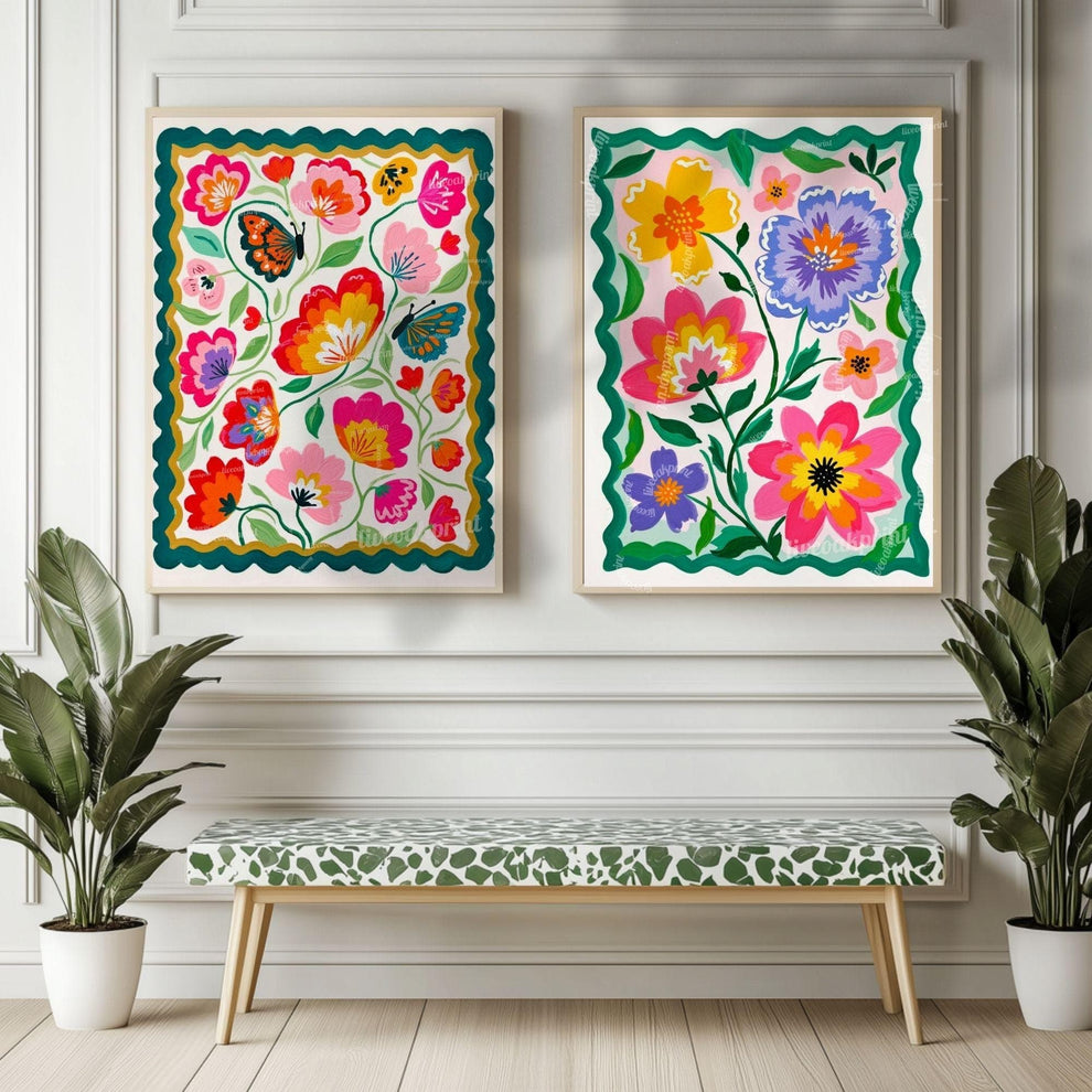 Colorful Floral Wall Art – Vibrant Pink and Green Folk Art Flower Print – Cottagecore Botanical Home Decor