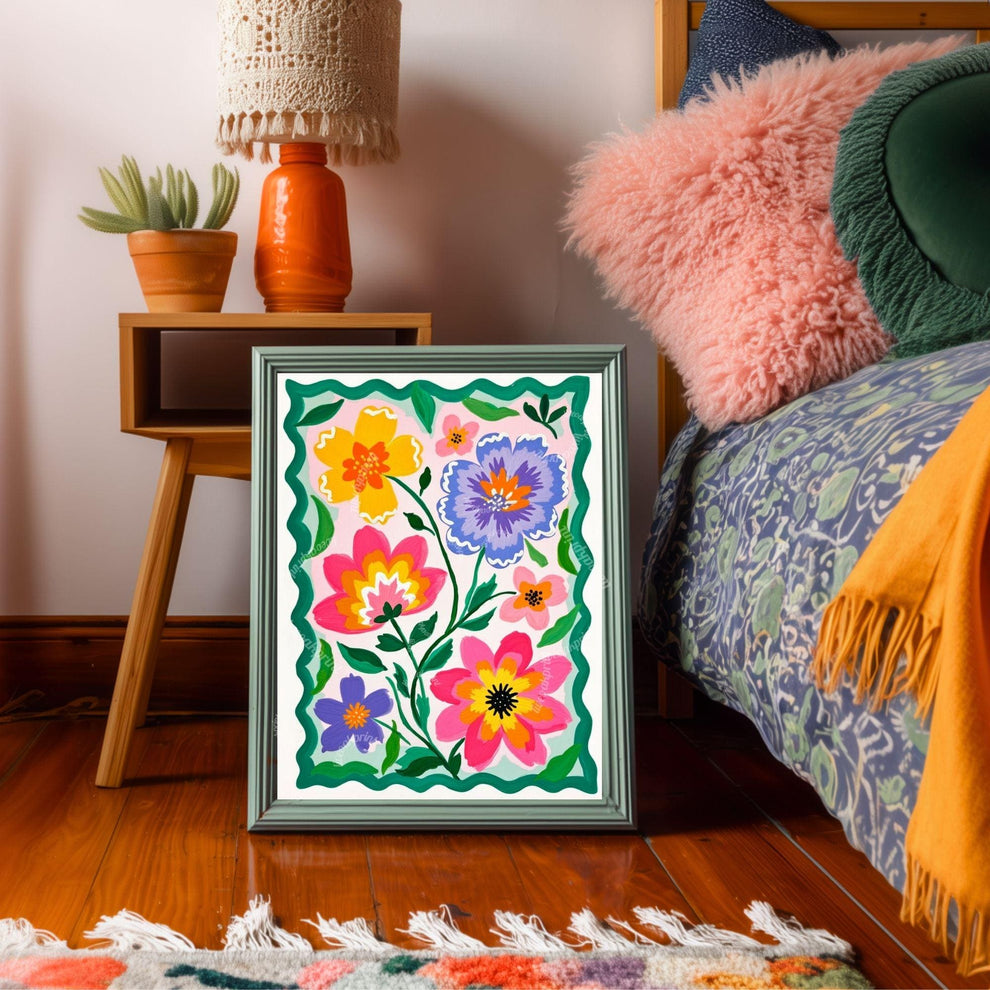 Colorful Floral Wall Art – Vibrant Pink and Green Folk Art Flower Print – Cottagecore Botanical Home Decor