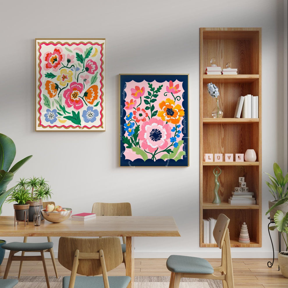 Pink and Navy Floral Wall Art – Navy Folk Art Print with Pink Flowers – Whimsical Botanical Home Decor
