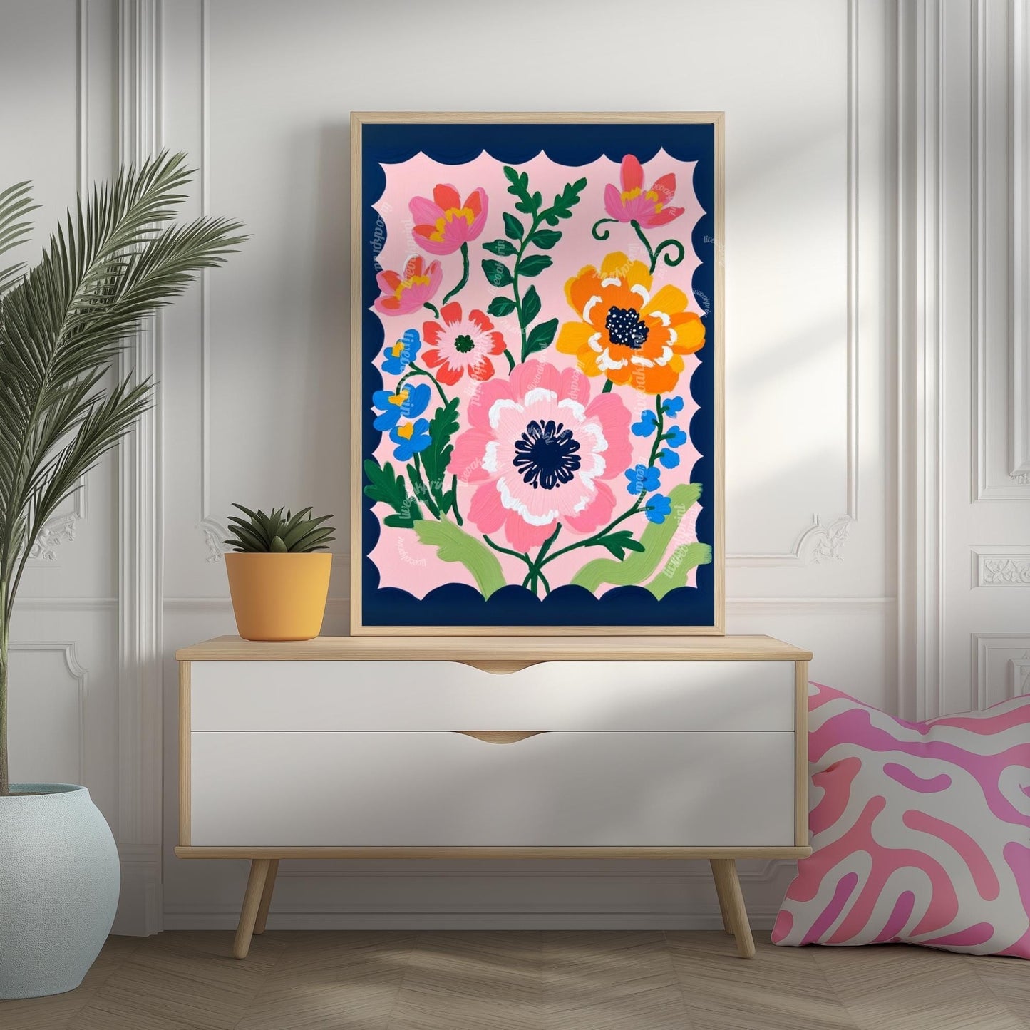 Pink and Navy Floral Wall Art – Navy Folk Art Print with Pink Flowers – Whimsical Botanical Home Decor