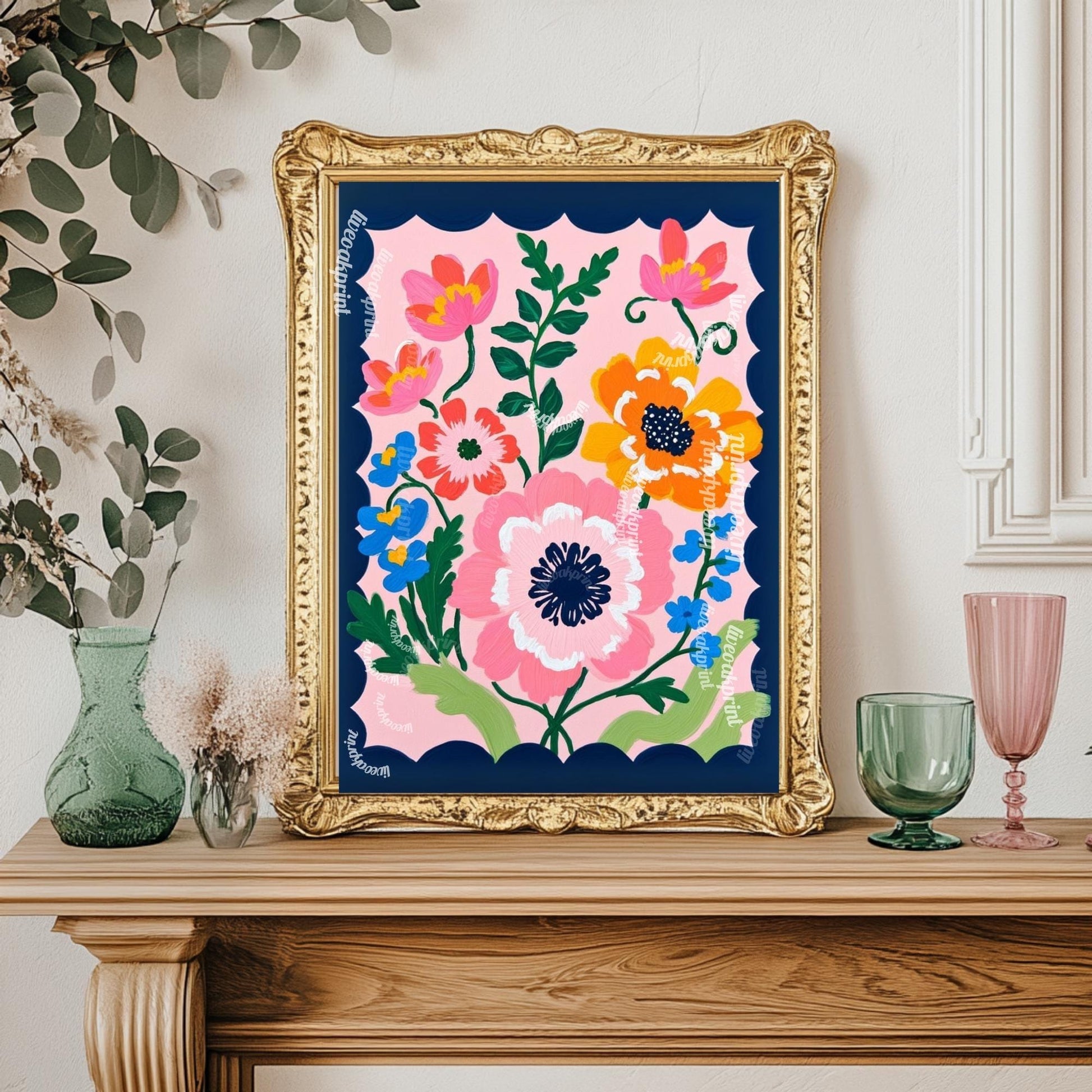 Pink and Navy Floral Wall Art – Navy Folk Art Print with Pink Flowers – Whimsical Botanical Home Decor
