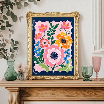 Pink and Navy Floral Wall Art – Navy Folk Art Print with Pink Flowers – Whimsical Botanical Home Decor