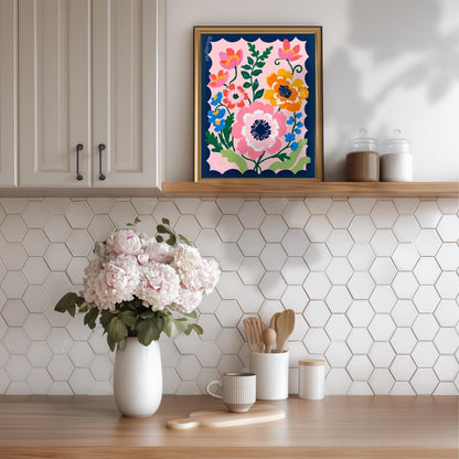 Pink and Navy Floral Wall Art – Navy Folk Art Print with Pink Flowers – Whimsical Botanical Home Decor