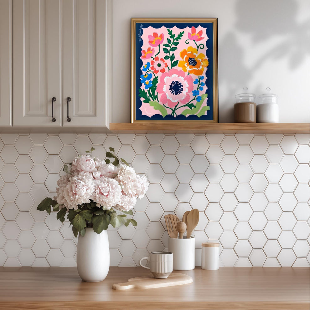 Pink and Navy Floral Wall Art – Navy Folk Art Print with Pink Flowers – Whimsical Botanical Home Decor